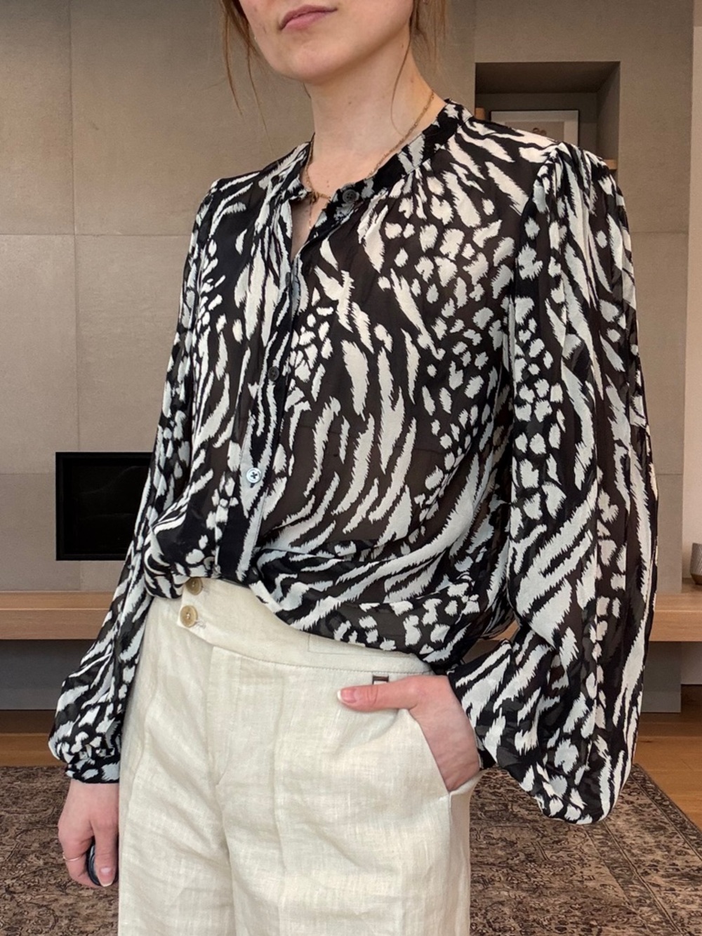 Veronica Beard Ashlynn silk Black and White Abstract Sheer Button-Front Blouse